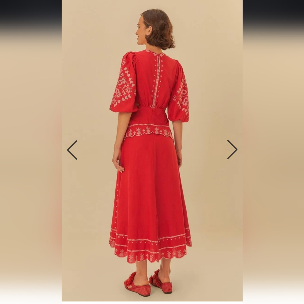 FARM Rio Brazil Red Embroided Dress Puff Sleeves Size L - Picture 11 of 13